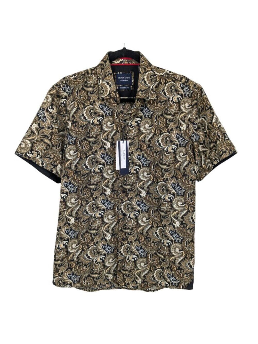 Silver Stone Paisley Print Button Up Shirt Modern Fit Western Short Sleeve Large
